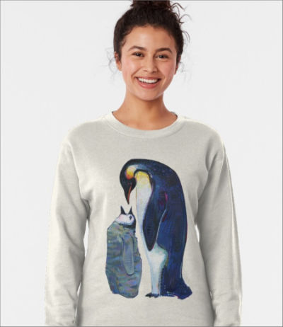 American artist Gwenn Seemel’s penguin dad and baby painting printed on a t-shirt